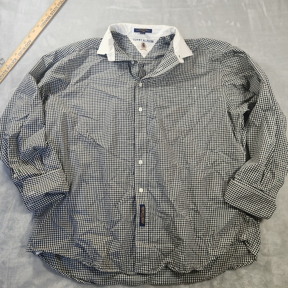 Vintage Tommy Hilfiger Poplin Button Up Shirt Men's 17.5 34-35 Black‎ Gingham